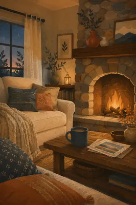 Cozy Living Room Fireplace at Warm Evening