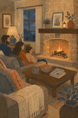 Cozy Living Room Fireplace at Dusk