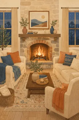 Cozy Farmhouse Living Room Fireplace Evening