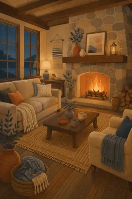 Cozy Living Room Fireplace at Warm Evening