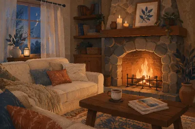 Cozy Living Room Fireplace at Warm Evening