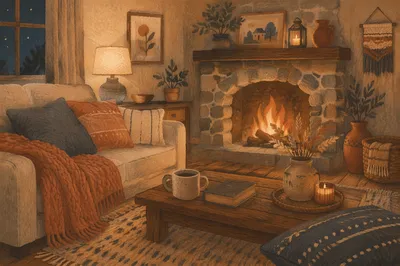 Cozy Living Room Fireplace Evening Glow