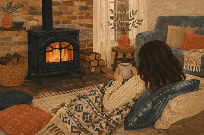 Cozy Living Room Fireplace Evening Scene