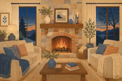 Cozy Farmhouse Living Room by Fireplace