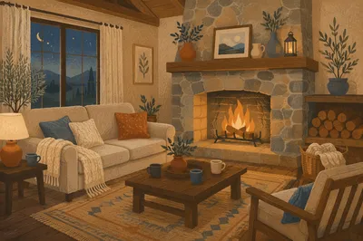 Cozy Living Room Fireplace at Twilight
