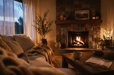 Cozy Living Room Fireplace at Warm Evening