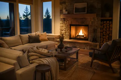 Cozy Living Room Fireplace at Warm Evening