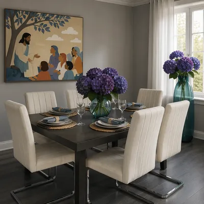 Elegant Dining Room with Violet Hydrangeas