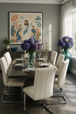 Elegant Modern Dining Room with Violet Hydrangeas