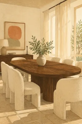 Elegant Walnut Dining Room with Ivory Chairs