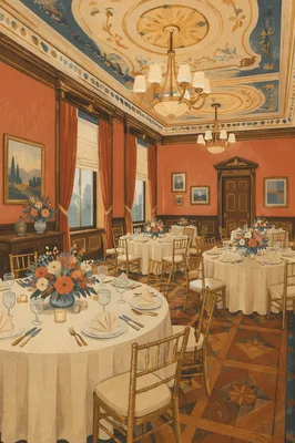 Elegant Fellowship Dining Room With Gold Chairs