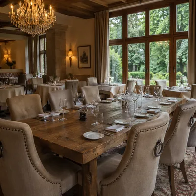 Elegant Restaurant Dining Room With Rustic Table