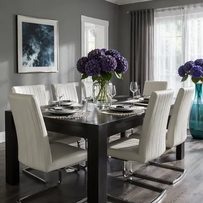 Elegant Modern Dining Room With Violet Hydrangeas