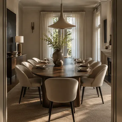 Elegant Walnut Dining Room with Cream Chairs