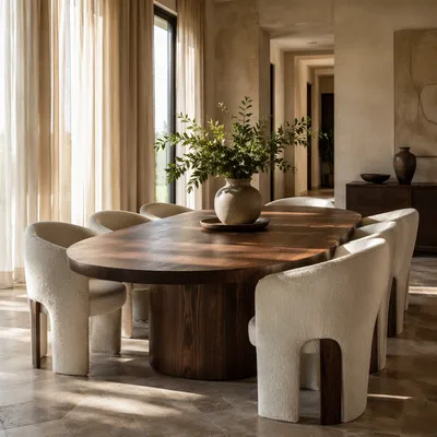 Elegant Walnut Dining Room with Ivory Chairs