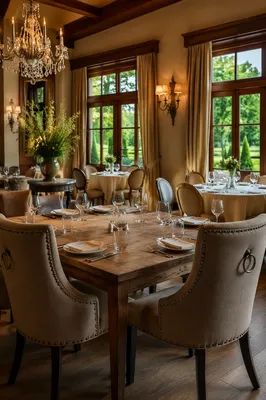 Elegant Rustic Dining Room With Beige Chairs