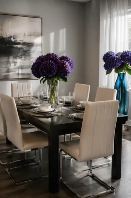 Elegant Modern Dining Room with Violet Hydrangeas