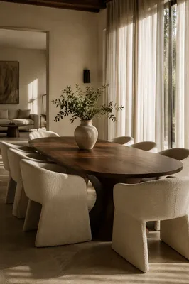 Elegant Walnut Dining Room with Ivory Chairs