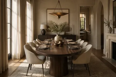Elegant Walnut Dining Table and Cream Chairs