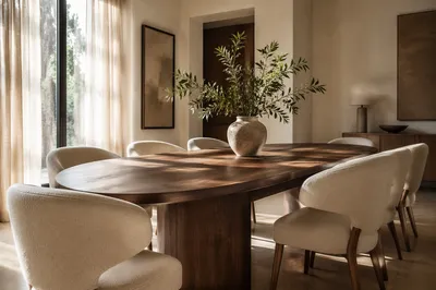 Elegant Walnut Dining Room with Ivory Chairs