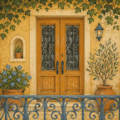 Rustic Wooden Door with Mediterranean Vines
