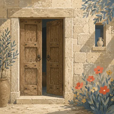 Rustic Wooden Entrance in Limestone Wall