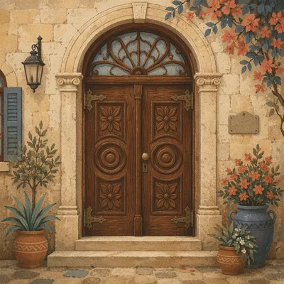 Ornate Wooden Door in Historic Stone Entrance