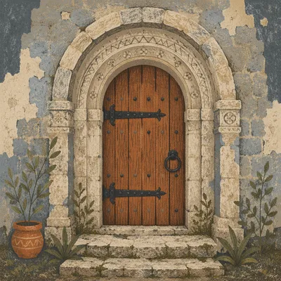 Arched Wooden Door in Stone Entryway