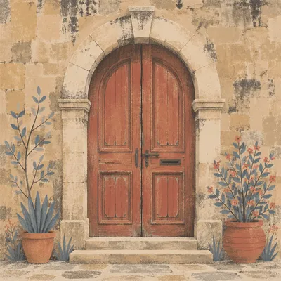 Weathered Arched Wooden Doorway in Stone Facade