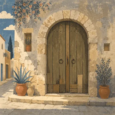 Weathered Wooden Arched Doorway in Historic Home