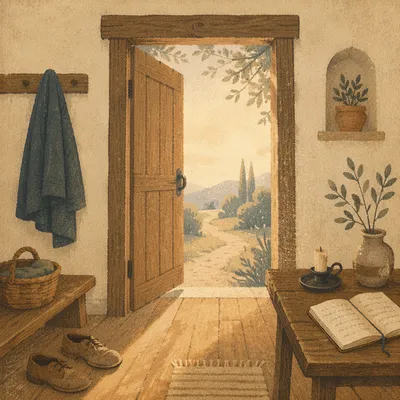 Peaceful Wooden Doorway With Morning Light