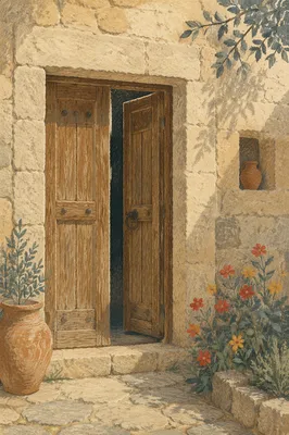 Rustic Wooden Door in Limestone Cottage Wall