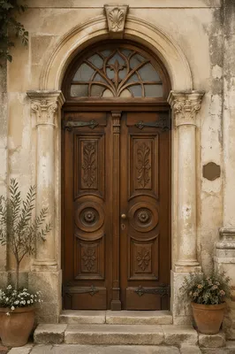 Ornate Wooden Door in Historic Stone Entrance