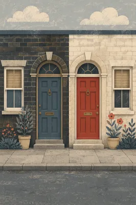 Neighboring Wooden Doors on Quiet Row House