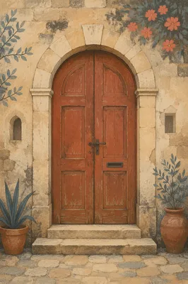 Weathered Arched Wooden Doorway in Stone Facade