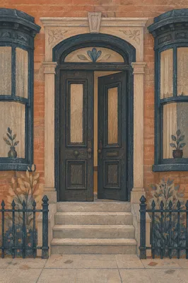 Historic Wooden Door with Brick Townhouse Entrance