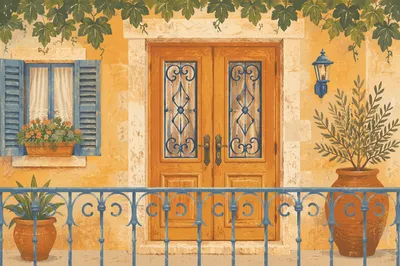 Rustic Wooden Entrance with Mediterranean Vines