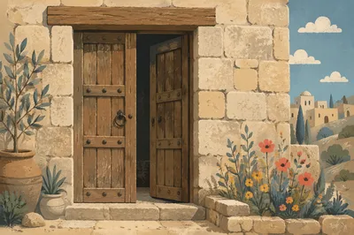 Rustic Wooden Entrance in Limestone Wall