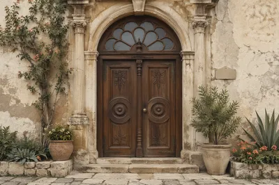 Ornate Wooden Door in Stone Entrance