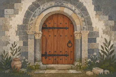 Quiet Stone Entryway with Arched Wooden Door