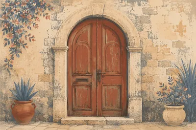 Weathered Arched Wooden Doorway in Stone Facade