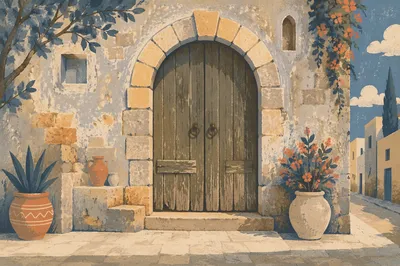 Weathered Wooden Doorway in Historic Stone House
