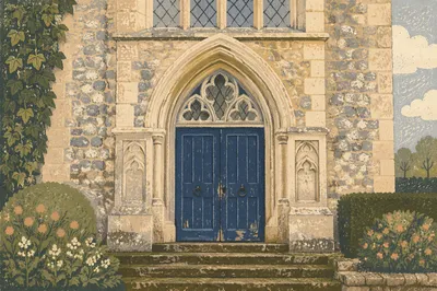 Deep Navy Chapel Doorway with Gothic Stone Arch
