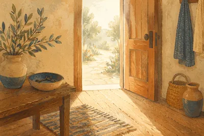 Peaceful Wooden Doorway in Morning Light
