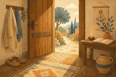 Warm Wooden Doorway with Morning Welcome