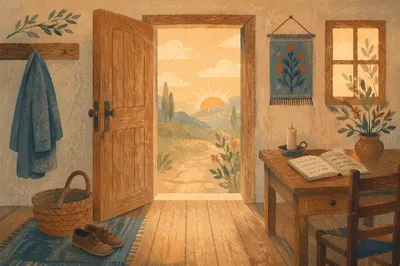 Peaceful Wooden Doorway with Morning Light