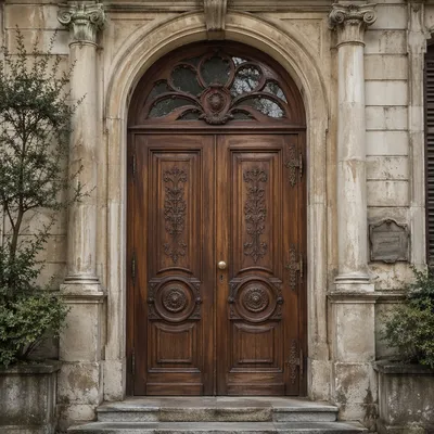 Ornate Wooden Door in Stone Entrance