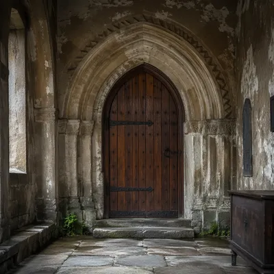 Arched Wooden Door in Stone Entryway