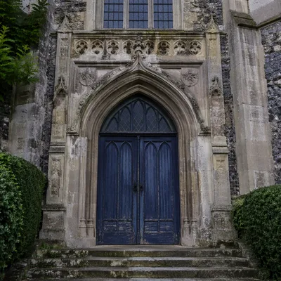 Historic Chapel Entryway With Navy Wooden Doors
