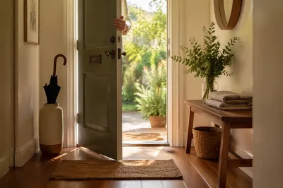 Welcoming Front Door Entrance with Morning Light